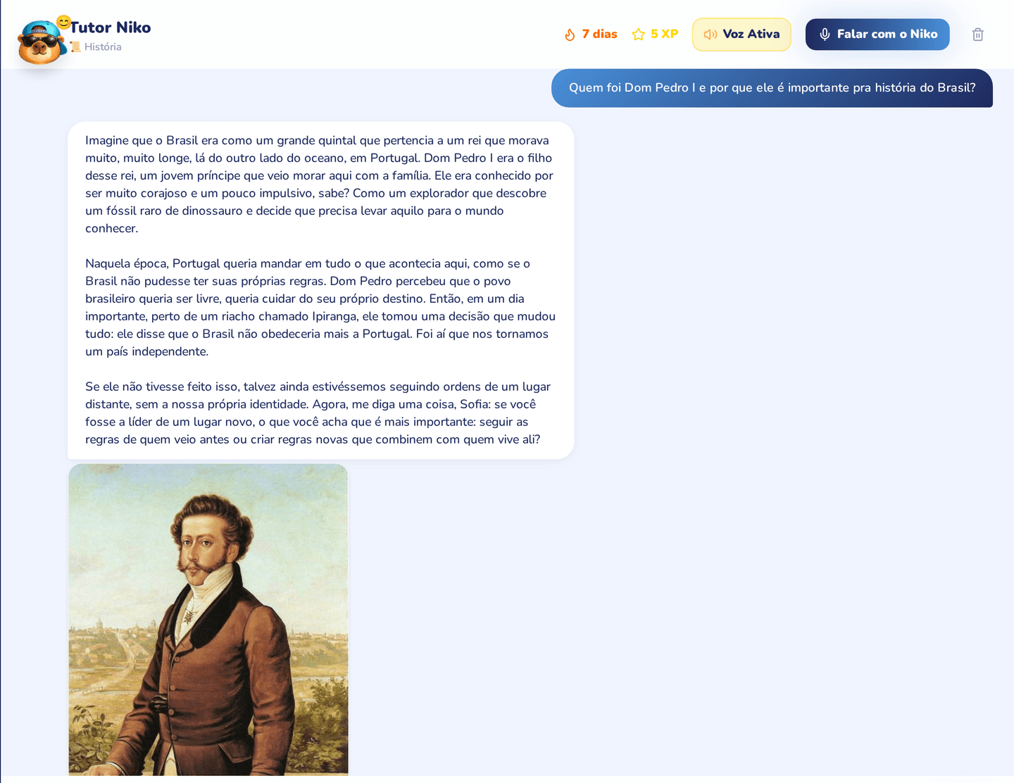 O Niko, tutor de IA do Nikola, explicando quem foi Dom Pedro I para uma criança e mostrando um retrato histórico real para ilustrar a resposta